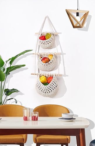 AARAINBOW Wall Cotton Hanging Baskets, Large 3 Tier Decorative Wall Basket, for Nursery, Boho Kitchen Decor - Cotton Rope Fruit basket (White)
