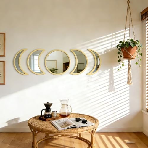 5-Piece Set of Moon Phase Mirror Decorations in Nordic Style, Acrylic Mirror paired with Wooden Combination, Bohemian Style Living Room Bedroom Home Decoration, Beige (Beige)
