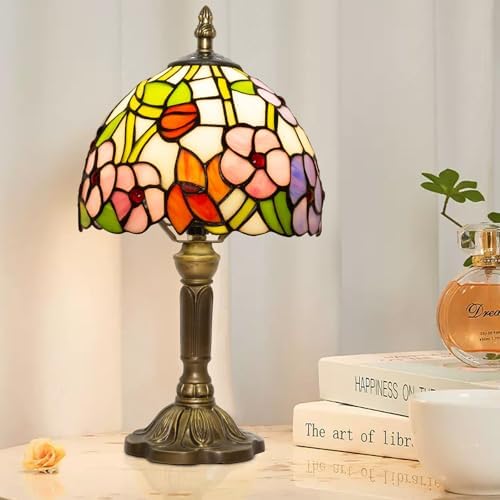 Small Tiffany Table Lamp, 3 Color Temperature, 8 Inch Antique Stained Glass Lamp for Bedroom Living Room Home, Handcrafted Light, Included Bulb (F Four Leaf Flower)