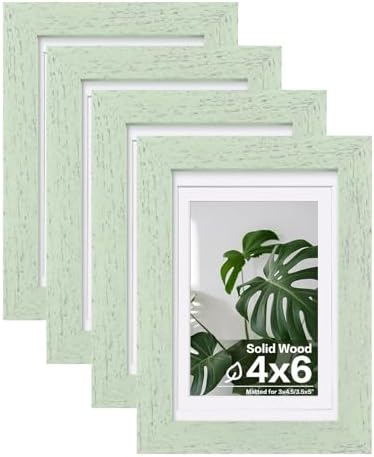 Egofine 4x6 Picture Frames Set of 4, Made of Solid Wood Covered by Plexiglass 3x4.5 and 3.5x5 with Mat or 4x6 without Mat, for Table Top Display and Wall Mounting Photo Frame, Rustic Green