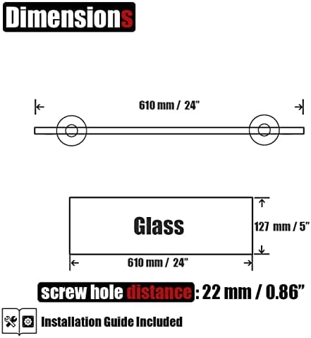 JQK Bathroom Glass Shelf, Tempered Glass Shower Storage 24 by 5 inches, 304 Stainless Steel Brushed Finish Wall Mount, TGS101L24-BN