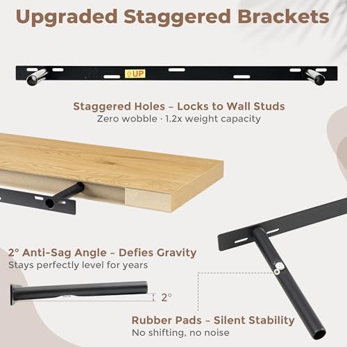 FLYJOE 40 Inch Floating Shelves for Wall Set of 2, 6.5" D Wood Grain Bathroom Shelves with Invisible Brackets, Easy Install Engineered Wood Storage Shelves for Kitchen, Living Room, Bedroom