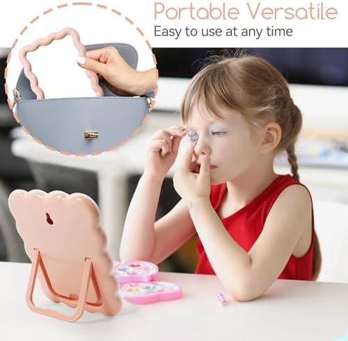 Philbinden Cute Wave-Shaped Desk Vanity Makeup Mirror, Portable Folding Travel Makeup Mirror for Standing/Hanging, Home Decorations for Women Girls (1, Pink)