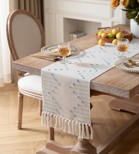 Boho Table Runner 13 x 108 Inch Long Natural Cotton Woven Runner with Tassels for Home Dining Table décor, for Modern Farmhouse Decor Coffee Table Runner, Light Blue and Beige