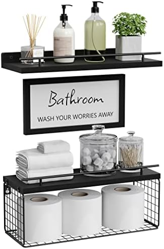 WOPITUES Floating Shelves for Bathroom Decor Art, Modern Black