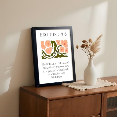 Framed Exodus 34:6 Bible Verse Wall Art, Christian Floral Canvas Wall Decor Painting, Boho Floral Religious Inspirational Scripture Print Poster Picture for Living Room Bedroom Prayer Home Decor 12x16 Inch