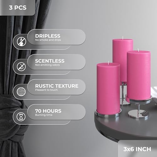 CANDWAX 3x6 Pink Pillar Candles Set of 3 - Long Burning Unscented Smokeless Dripless Pillar Candles - Pink Candle Set for Wedding, Special Occasions and Ordinary Dinners - Spring Candle Pillars