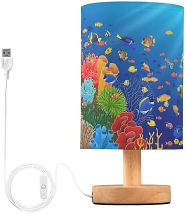 Table Lamp Underwater Sea Fish Coral Ocean Sunshine Nightstand Lamp with Wood Base Fabric Lamp Shade Bedside Desk Lamp for Living Room Bedroom Kids Room Office