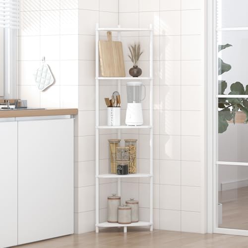 Wisuce White Tall Corner Shelf Stand, 5-Tier Bamboo Corner Bookshelf