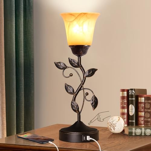 Touch Control Leaf Vintage Table Lamp with 3-Way Dimmable 2 USB C+A Ports