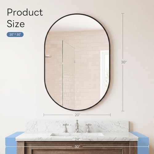 DUMOS 20" x 30" Oval Bathroom Mirror, Black Wall Mirrors with Metal Frame | Tempered Glass, Morden Vanity Mirror for Over Sink, Entryway, Living Room, Bedroom, Horizontal or Vertical