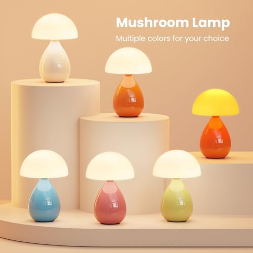 Mushroom Side Table Lamp, Mini Modern Lamp Small Vintage Table Bedside Nightstand Light, Small Light Dimmable for Bedroom, Living Room, Ceramic Base Glass Led Home Decor for Woman Gifts