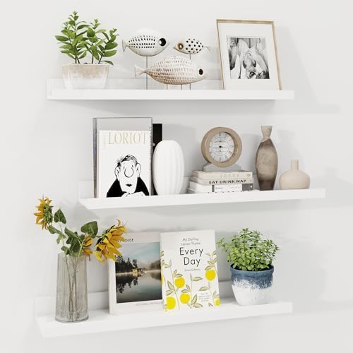 Axeman Picture Ledge Shelf, 24 Inch White Floating Shelves Set of 3