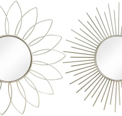 3 Pack Metal Mirrors for Wall Sunburst Wall Mirrors Home Décor Decorative Hanging Wall Art for Living Room Bedroom Entryway (Silver2, Flower+Sunburst)