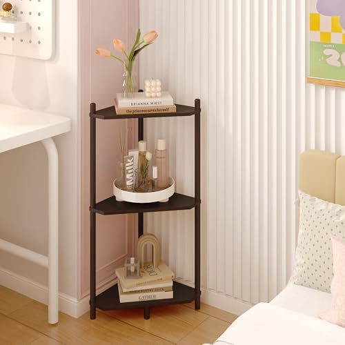 Wisuce Brown Small Corner Shelf Stand, 3-Tier Bamboo Corner Bookshelf