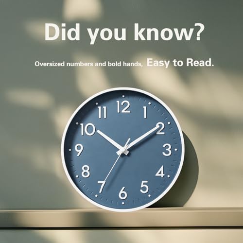 Mosewa 12 Inch Wall Clock Battery Operated Silent Non Ticking Analog | Azure Blue modern clock; oversized 3D easy-read dial for kitchen, bedroom & office; 1 AA battery (not included)