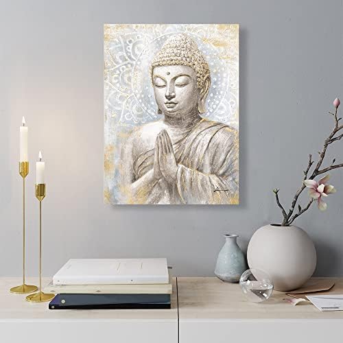 Gold Buddha Wall Art: Laughing Buddha Painting with Mandala Flower and Gold Leaf for Living Room, Bedroom, Yoga Room, Buddhist Meditation Room - 24"x32"
