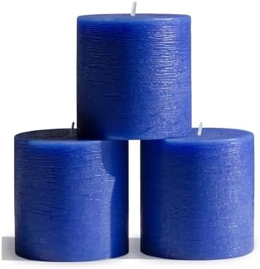 CANDWAX 3x3 Pillar Candles Set of 3 - Rustic Unscented No Drip Blue Candles for Home Decor, Weddings, Centerpieces