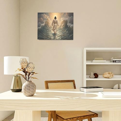 Jesus Walking on Water Wall Art Jesus Christian Spiritual Wall Decor Pictures Bible Story Canvas Prints Painting God Faith Artwork Decoration for Bathroom Bedroom Living Room Framed Gifts 12"x16"
