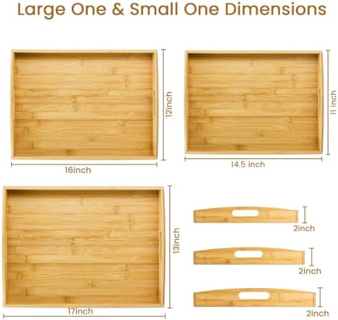 GOLD HONEY Bamboo Serving Tray with Handles, Wooden Serving Tray Set of 3