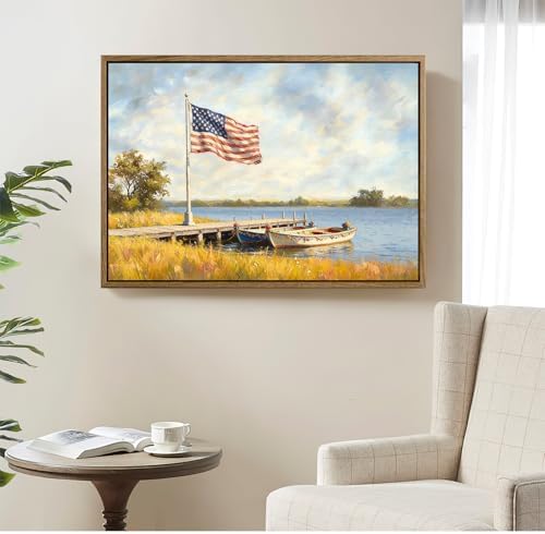 American Flag Framed Canvas Wall Art, 4th of July Patriotic Canvas Prints | USA Flag with Boat Poster Print, Vintage Independence Day Wall Decor for Bedroom Living Room 8×10in