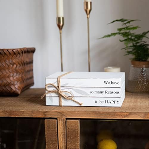 GENMOUS Faux Decorative Books Set for Home Decor, Stacked Wood Books with Wood Beads for Living Room Decor, Faux Books for Display, Shelf Decor, Mantel Decor, Farmhouse (Happy)