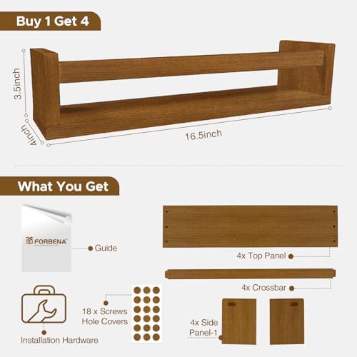 Forbena Dark Wood Nursery Kids Bookshelf Wall Mounted, Wooden Floating Nursery Book Shelves for Wall, Hanging Kids Bookshelves for Toddler Baby Room Bedroom Bathroom (Solid Pine, Walnut Brown, 4 Pack)