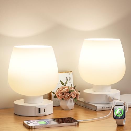 Seealle Touch Table Lamp for Nightstand Set of 2 - Bedside Lamp with USB C+A Charging Ports for Bedroom Living Room Night Stands, Desk Lamp with White Glass Shade for Small Spaces, 3 Way Dimmable
