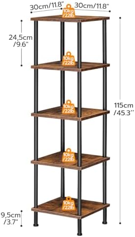 HOOBRO 5-Tier Corner Shelf Stand, Corner Square Rack Display Shelf, Tall Storage Plant Stand, Bookcase for Small Spaces, Living Room, Home Office, Kitchen, Rustic Brown and Black BF50CJ01