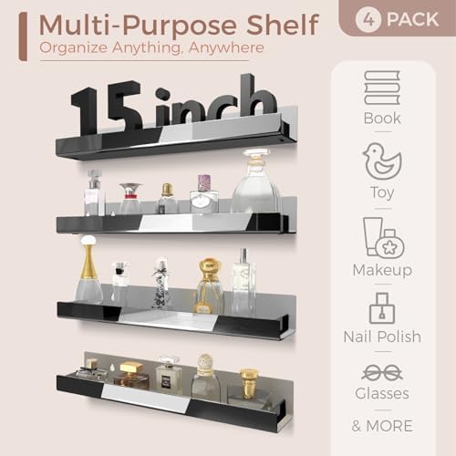 4 Pack 15 Inch Black Reflective Acrylic Floating Wall Shelves