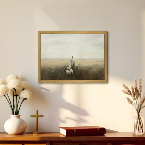 Wood Framed Jesus Wall Art, Christian Canvas Wall Decor, Jesus Leaves the 99 Sheep Poster Print Picture, Lost Lamb Religious Artwork Oil Painting for Living Prayer Room Bedroom 16x24 inch