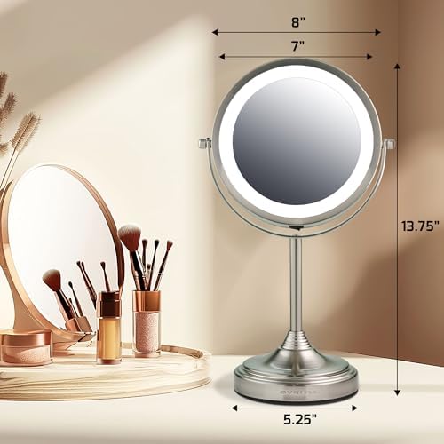 OVENTE 7'' Lighted Magnifying Makeup Mirror, Nickel Brushed MCT70BR1X7X | Cordless Tabletop Vanity Mirror with 1X/7X Magnification, Battery Operated, 360° Swivel Design, Cool-Tone LED Lights