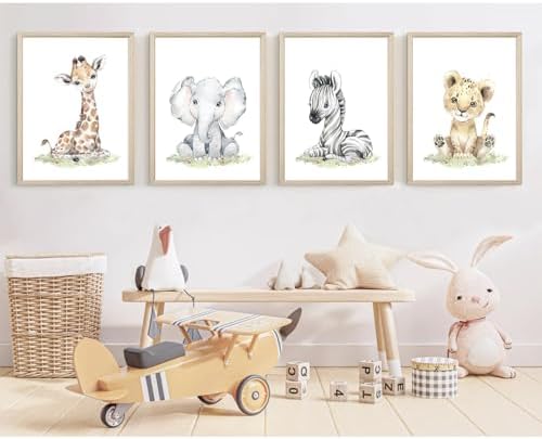 Safari Nursery Wall Art Decor Baby Animal Canvas Wall Art Woodland Nursery Wall Decor Kids Jungle Animal Pictures Safari Giraffe Elephant Tiger Prints for Room Bedroom Set of 4 12x16 Inch Unframed