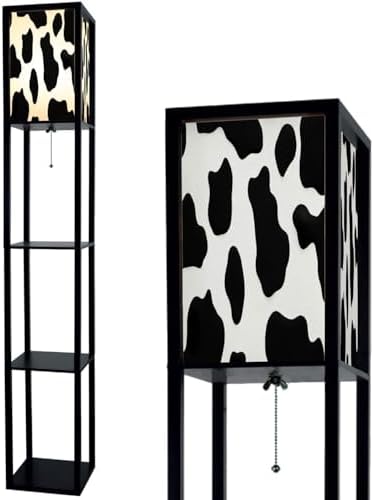 Standing Lamp with Shelves Tall Black White Cow Pattern Used for Modern Wood Corner Lamp for Bedroom Living Room Office Floor Lamp Mid Century Room Decor