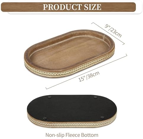 Hanobe 15" Vintage Wood Decorative Tray for Coffee Table Decor, Beaded Edge