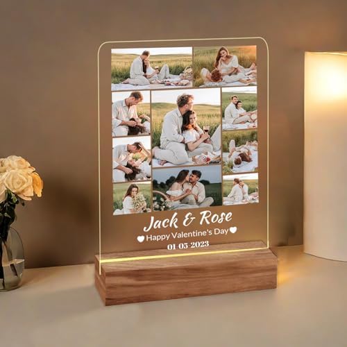 Personalized Photo Acrylic Happy Fathers Day Sign Plaque Gifts for Dad Papa Grandpa from Daughter Son Wife Customizable LED Night Light Wooden Base Lamps Desk Bedroom Decor Signs