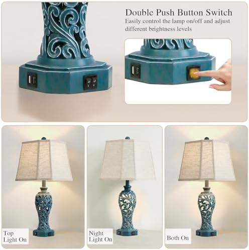 25'' Farmhouse Table Lamps Set of 2 for Bedroom with USB C+A Ports