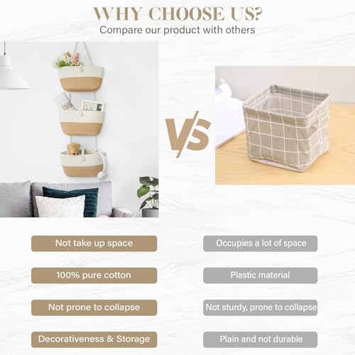 TeoKJ 3-Tier Hanging Baskets for Storage with Pearl Button Strap, Cotton Rope Over the Door Organizer, Wall-Mounted with Hook Decorative Hanging Kitchen Baskets, White & Jute