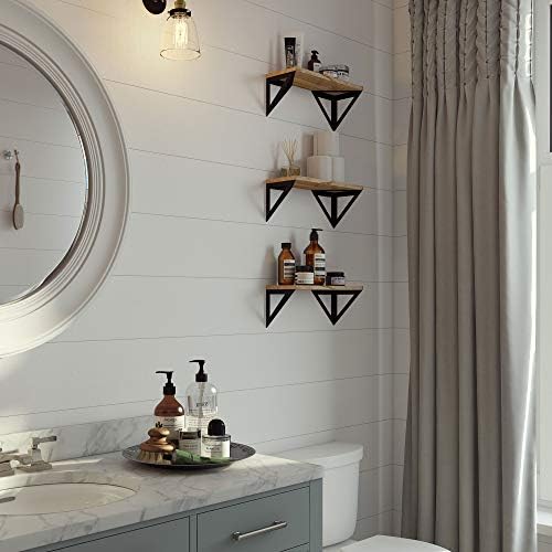 Wallniture Minori Floating Shelves Set of 3, Small Bookshelf Unit for Living Room, Office, and Bedroom, Natural Burned Rustic Wood Wall Decor with Metal Floating Shelf Bracket 6D x 17W x 5.5H in