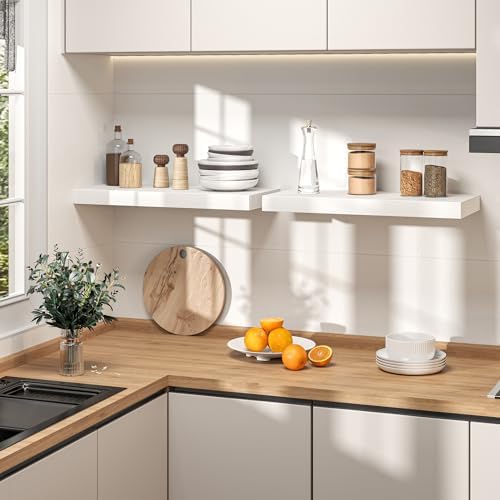 Fun Memories 24 Inch Deep Floating Shelves, Set of 2 Rustic Wood Wall Mounted Shelves with Invisible Brackets, Storage Bookshelf for Living Room, Bathroom, Bedroom and Kitchen, White