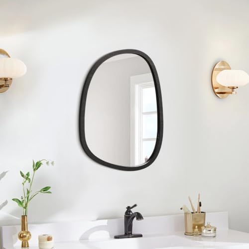 Asymmetrical Wall Mirror with Wood Frame Irregular Modern Hanging Mirrors for Vanity Living Room Bedroom Bathroom Entryway Hallway Modern Unique Decorative Artistic Decor