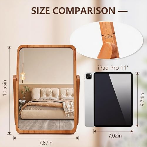 ZOROSY Desk Makeup Mirrors with Wood - Small Table Mirror with Stand | Vanity Mirror,Hanging Wall Mirror,Room Decor,Adjustable 90°,for Living Room ,Bedroom,Bathroom