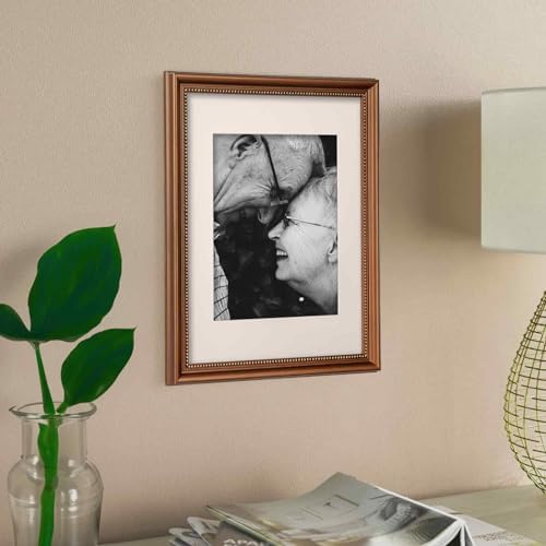 11x14 in Wood Classic Gallery Picture Frame, Ornate Beaded Inner, Matted for 8x10 Photo, Vertical or Horizontal Display, Brushed Brown Brass