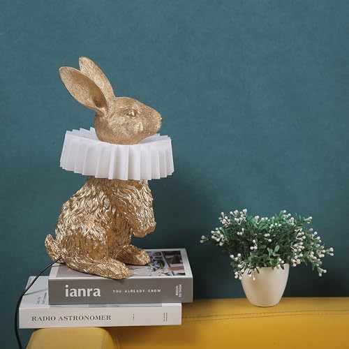 Gold Standing Bunny Lamp, Resin Scarf Rabbit Table Lamp with White Pleated PC Lampshade, USB Plug LED Nightstand Lamp, Cute Bedside Night Light for Bedroom Nursery Home Decor