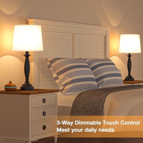 Bedroom Lamps for Nightstand, 3 Way Dimmable Black Bedside Lamps with USB