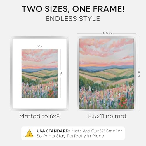 Homeforia 8.5x11 Silver Picture Frame, High-End Metal, 6x8 Mat, Glass