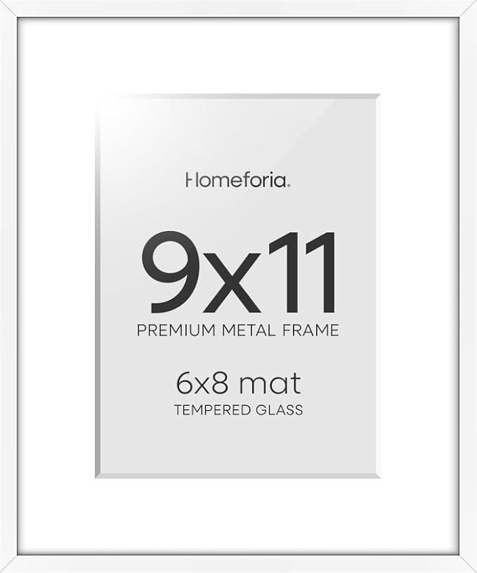 Homeforia 9x11 White Picture Frame, High-End Metal, 6x8 Mat, Glass
