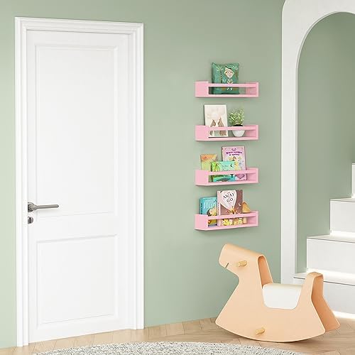 Forbena Pink Nursery Floating Shelves for Wall, Small Kids Wall Bookshelf for Baby Toddler Girls Room, Wood Nursery Hanging Book Shelves for Childrens Bedroom Toys Storage Organizer (Set of 4, Pink)