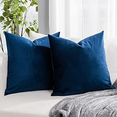 Navy Blue Soft Velvet Throw Pillow Covers 16x16 inch Set of 2 for Sofa Couch Bed Living Room Decorative Luxury Solid Square Cushion Covers Case with Zipper