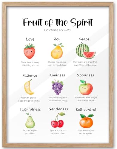 KensTro 12x16 Oak Framed Fruit of the Spirit Scripture Wall Art | Natural Oak Wood Frame with Galatians 5:22-23 Fruit Illustrations, Inspirational Christian Decor for Bedroom or Prayer Space